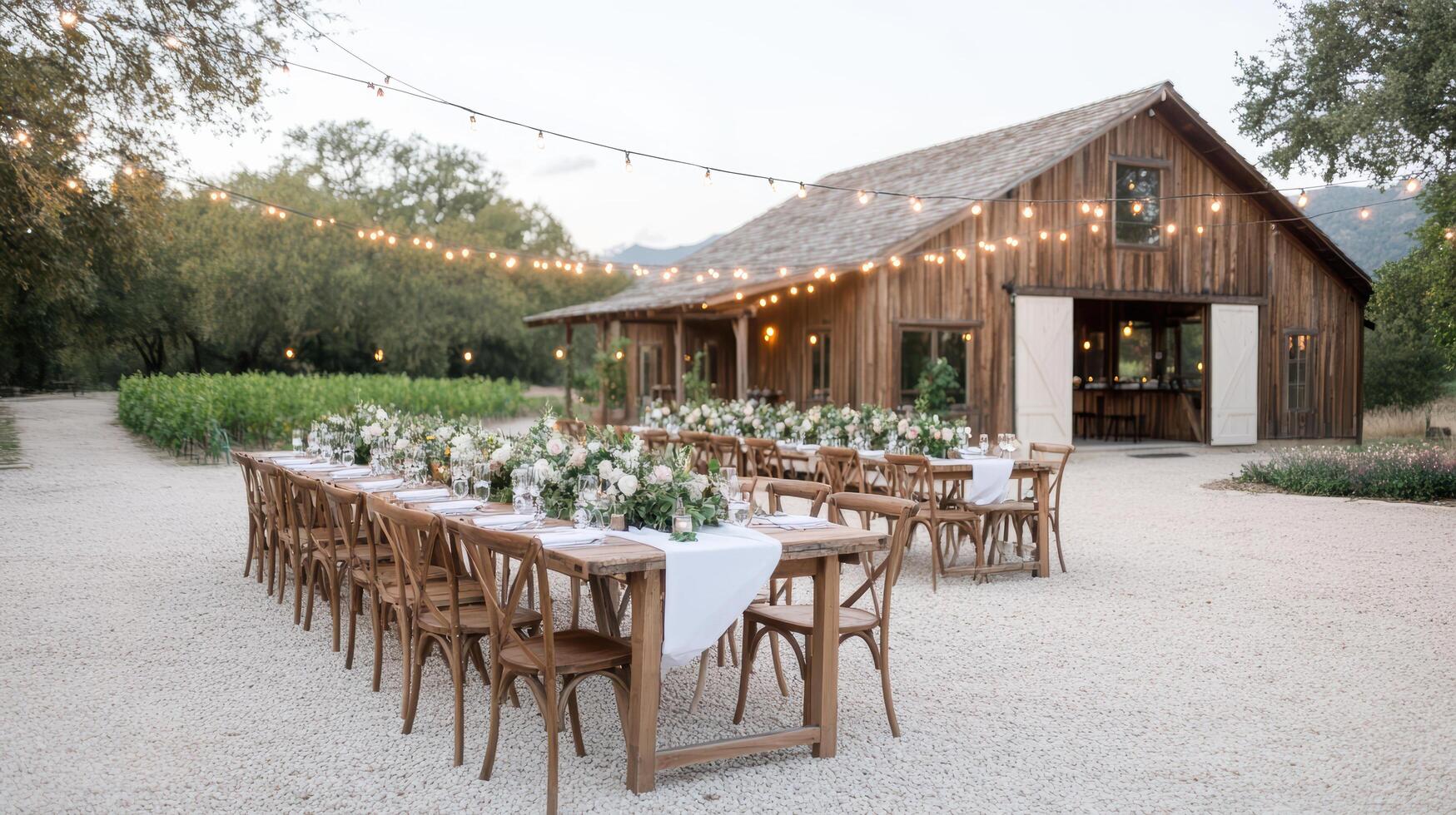 Rustic outdoor dining area with string lights and wooden tables, creating charming atmosphere photo