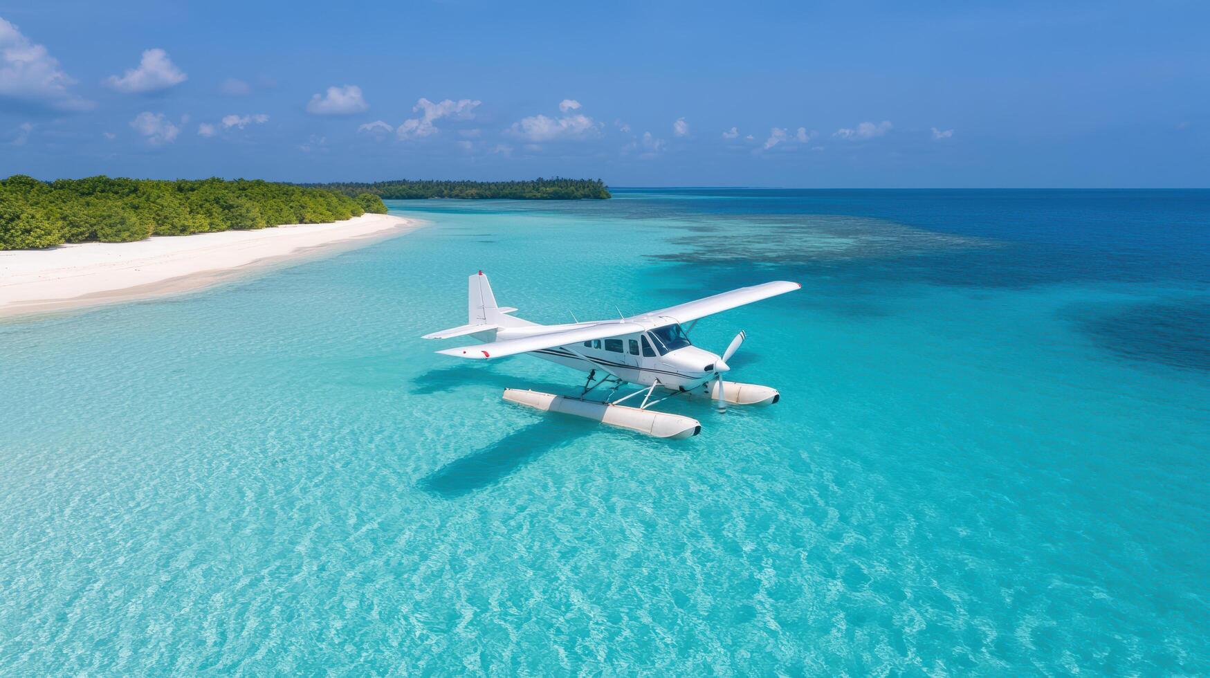 seaplane rests on turquoise waters near remote island, surrounded by white sandy beaches photo