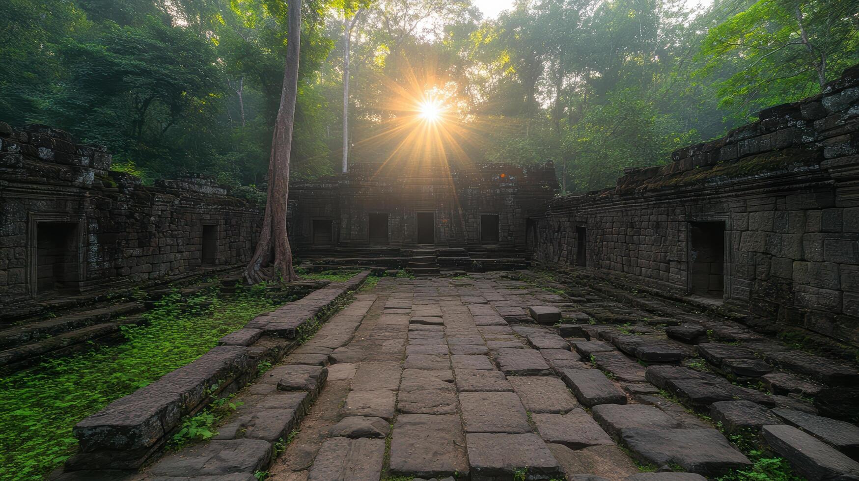 Ancient ruins surrounded by lush greenery, with sunlight breaking through trees, create serene photo