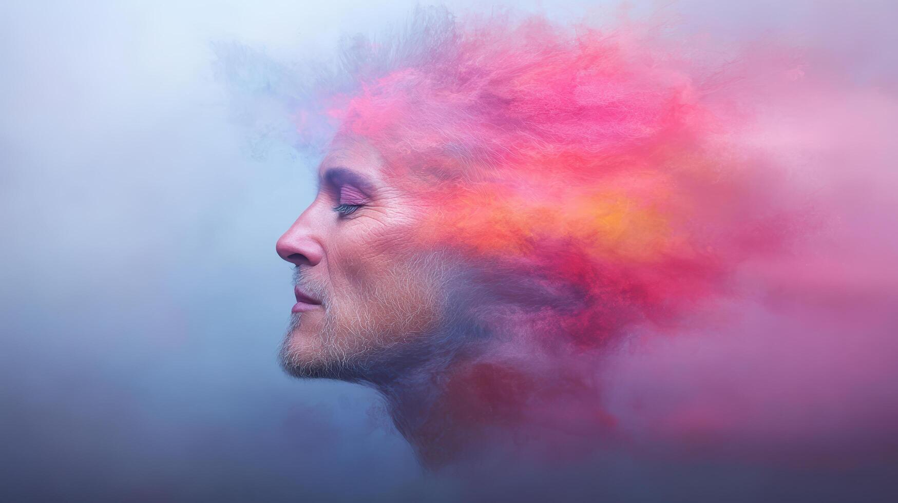 serene profile of person with vibrant, colorful hair blending into misty background photo