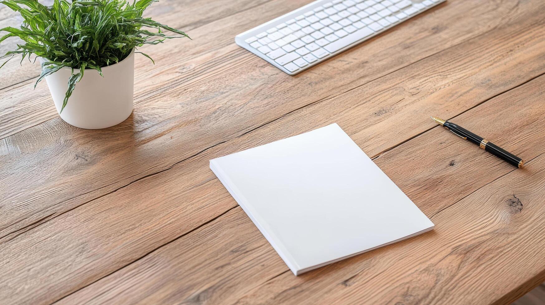 clean workspace featuring blank notebook, pen, and keyboard wooden desk, creating calm photo