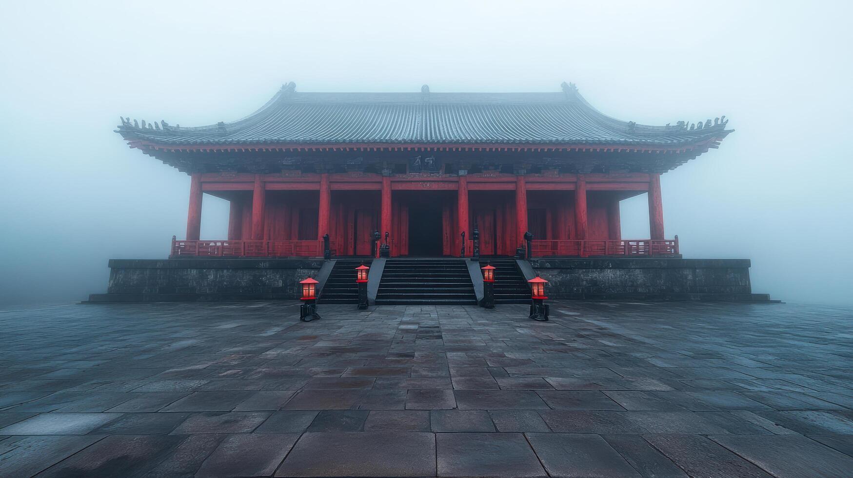 serene temple enveloped in fog, with red lanterns illuminating entrance photo
