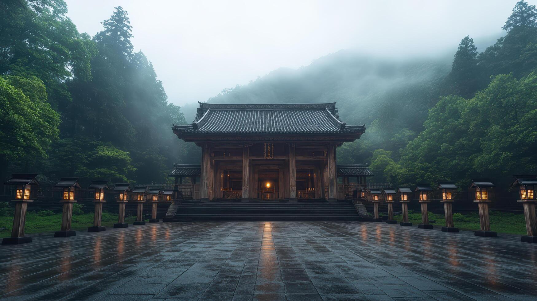 serene temple surrounded by fog, with lanterns illuminating entrance, creates tranquil photo
