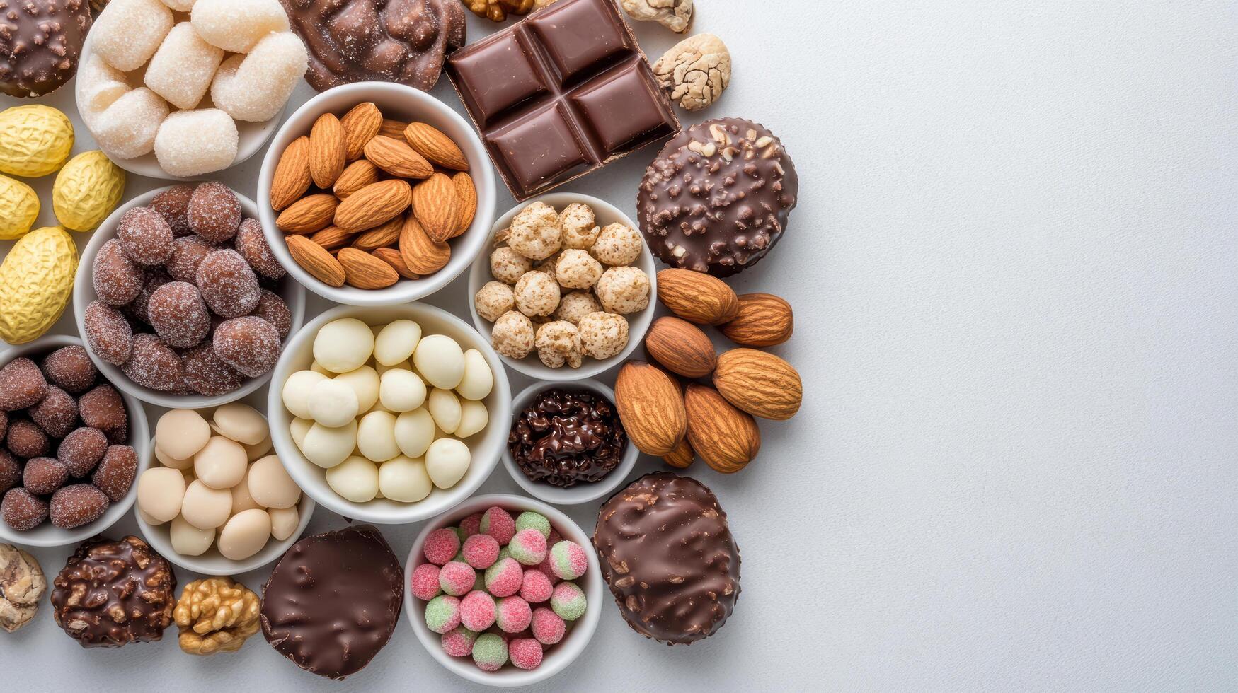 Assorted candies, chocolates, and nuts arranged in bowls create delightful display photo