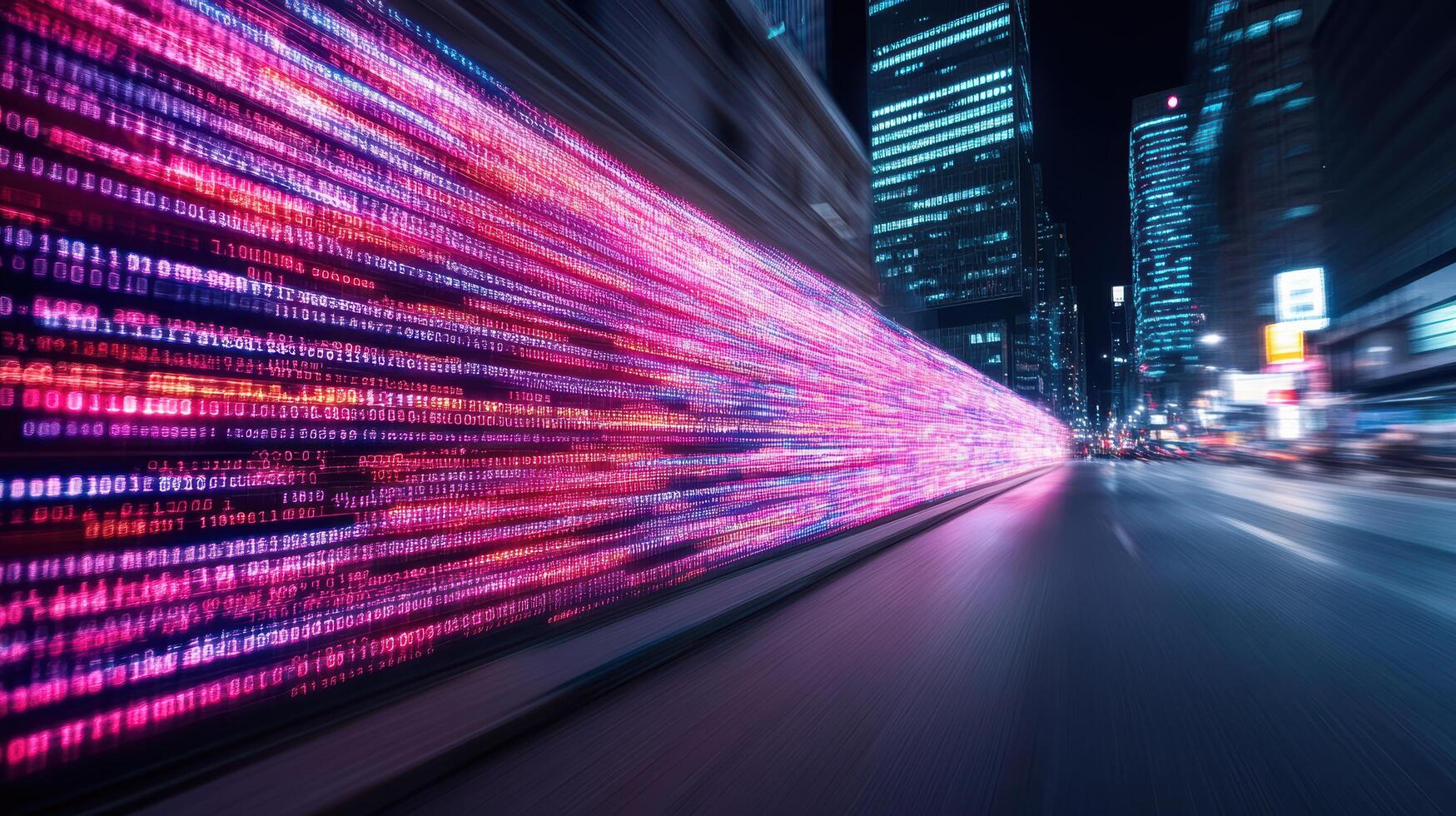 Dynamic data streams flow through cityscape at night, showcasing vibrant colors and technology photo