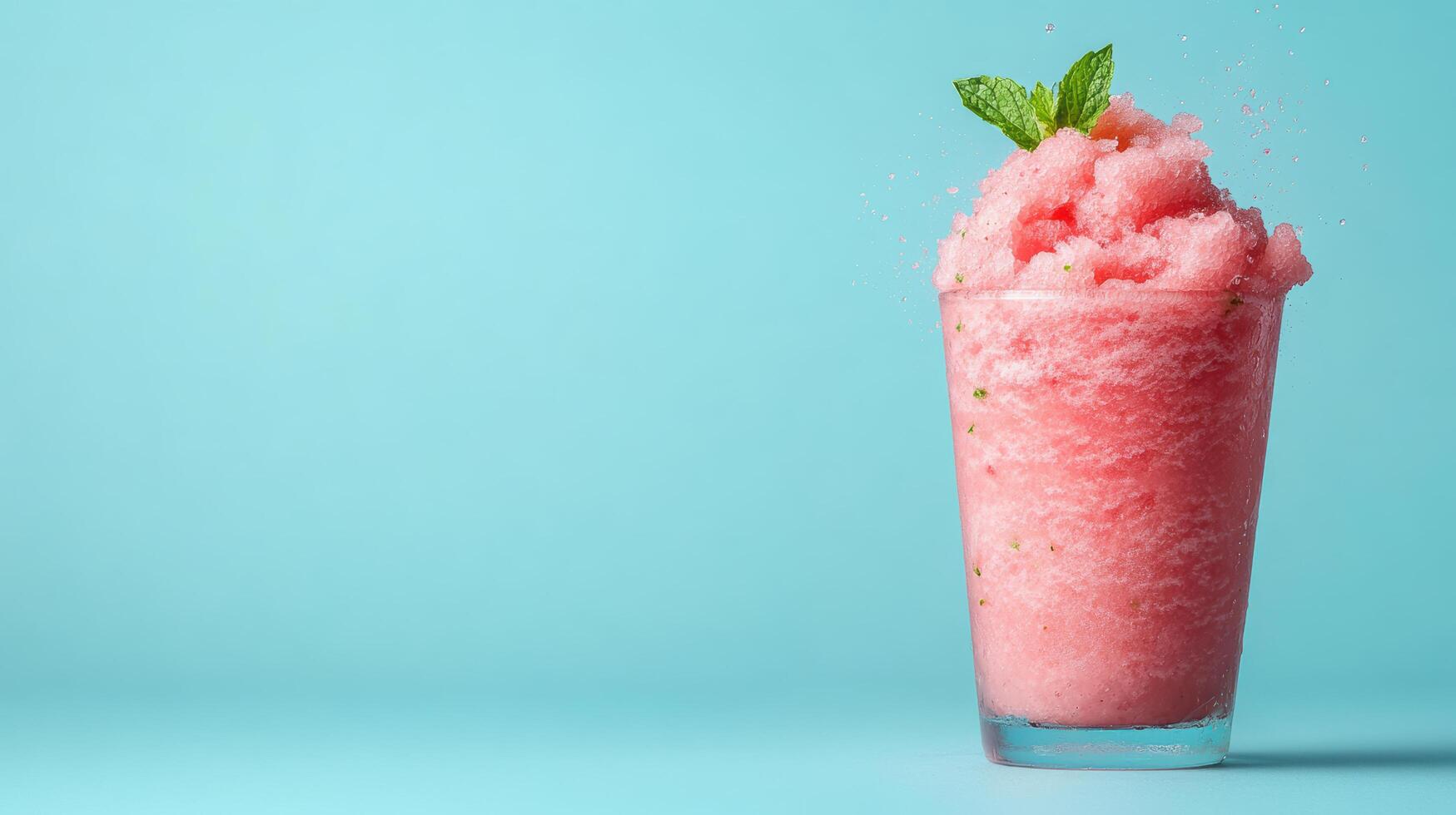 Refreshing pink slushie topped with mint leaves in clear glass against light blue background photo