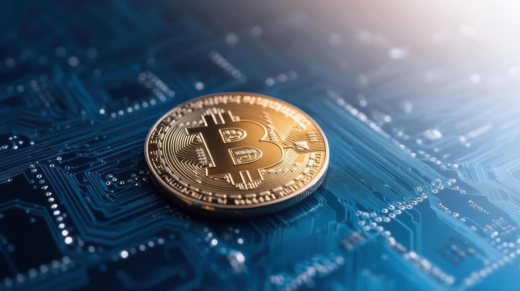 Digital currency coin on circuit board background symbolizes electronic trading and finance photo