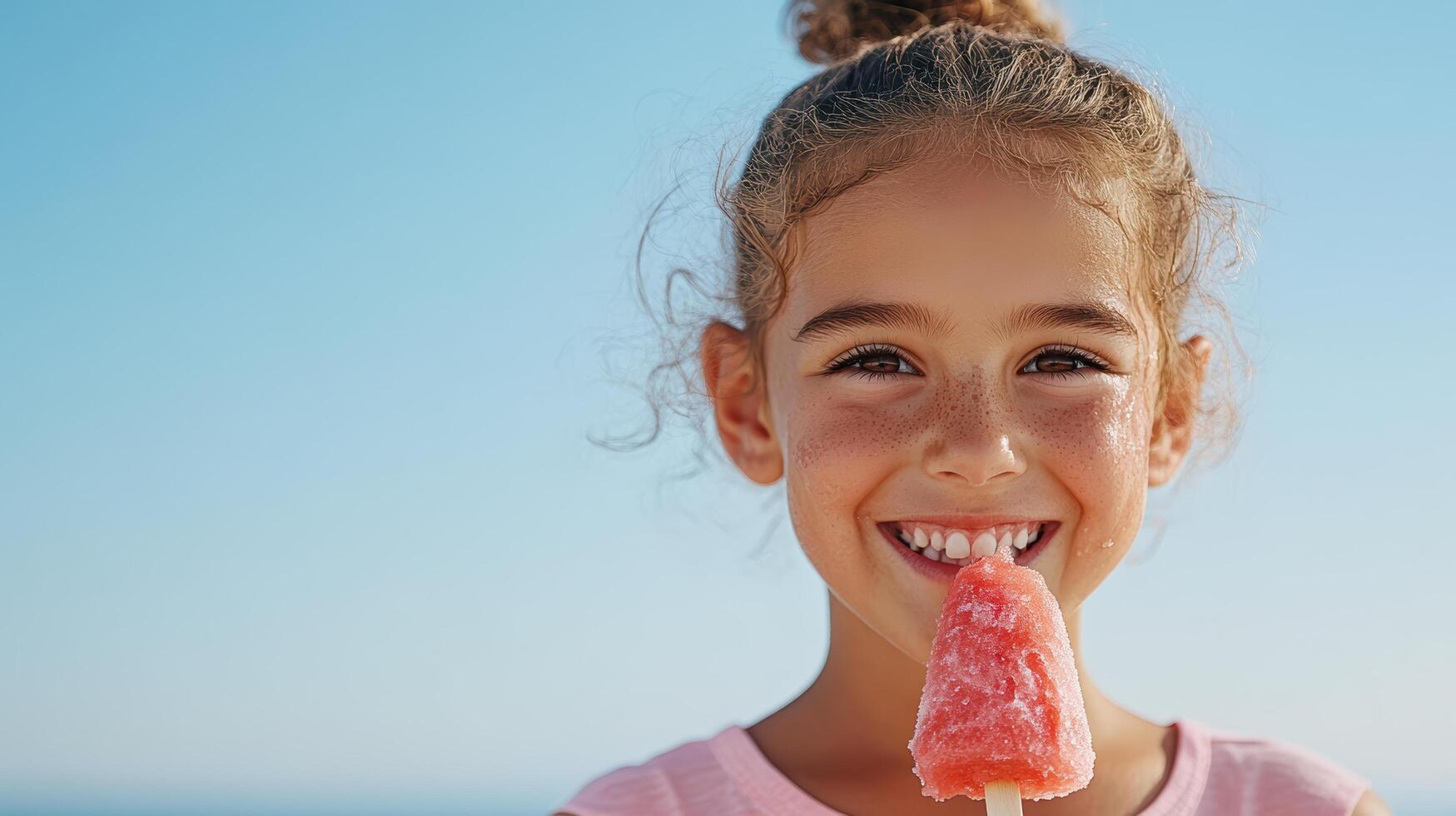 Enjoying refreshing popsicle under clear blue sky, child smiles brightly photo