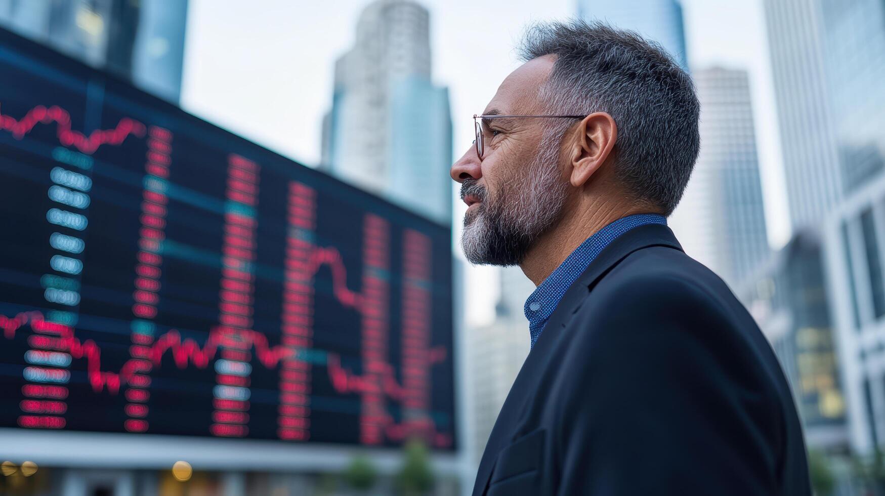 Professional man observing financial data in urban setting, reflecting on investment trends photo