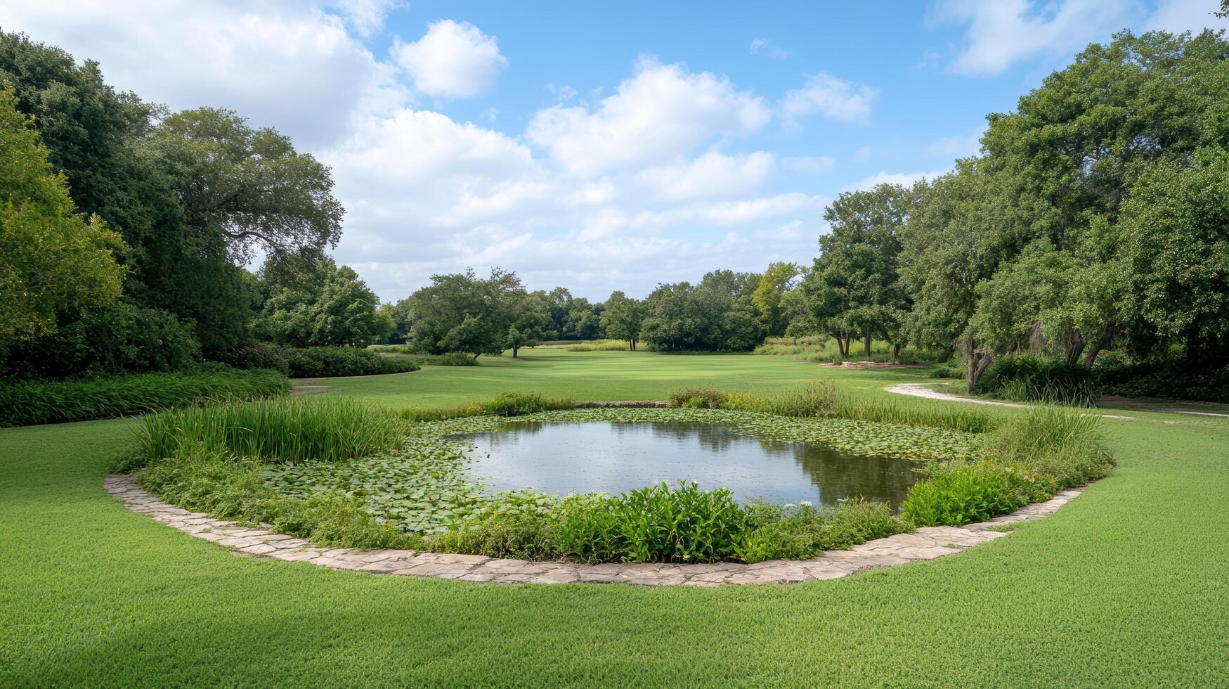 serene wetland landscape featuring circular pond surrounded by lush greenery and trees photo