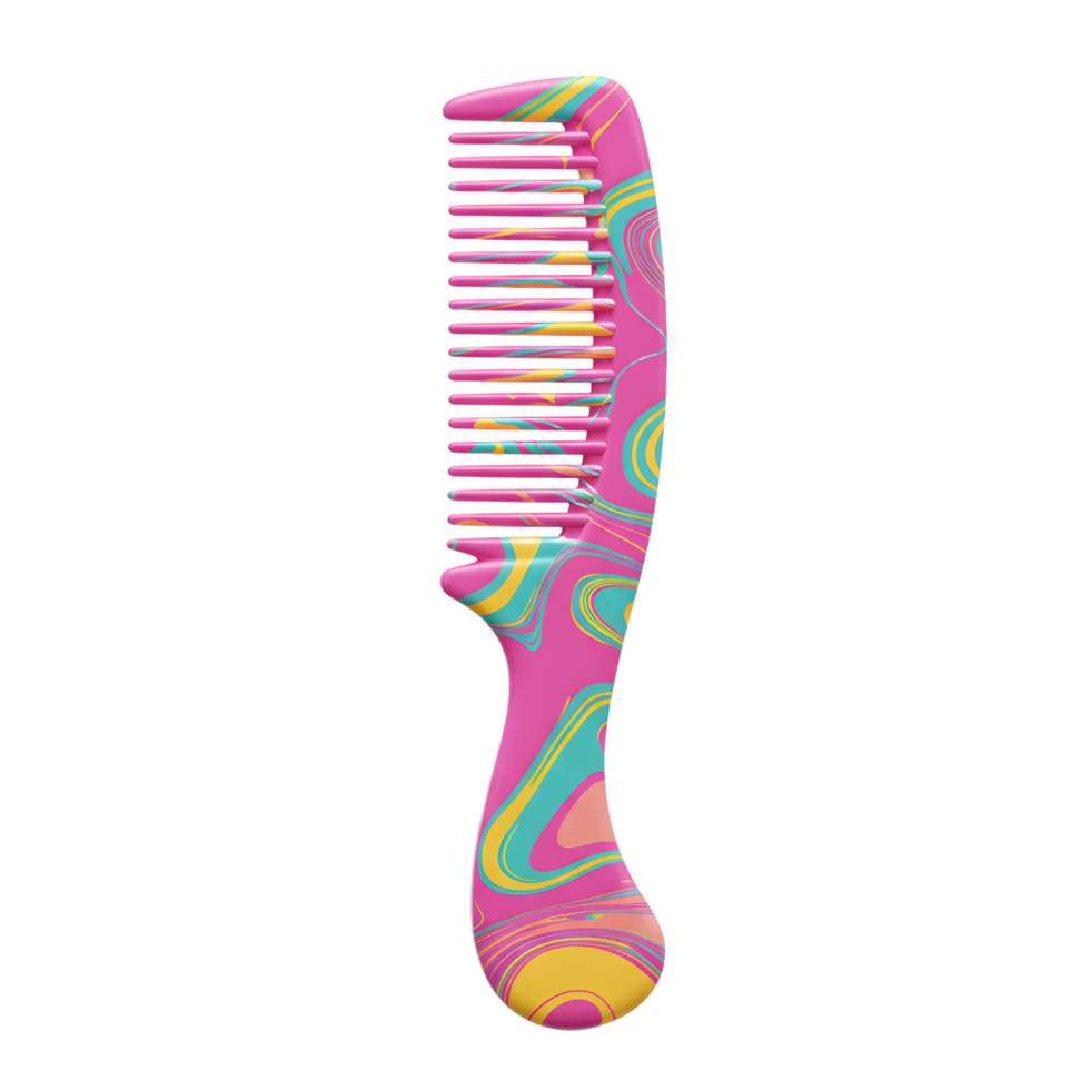 A cheerful pink comb with a swirling teal and yellow pattern. Its playful design adds a pop of color to any bathroom png