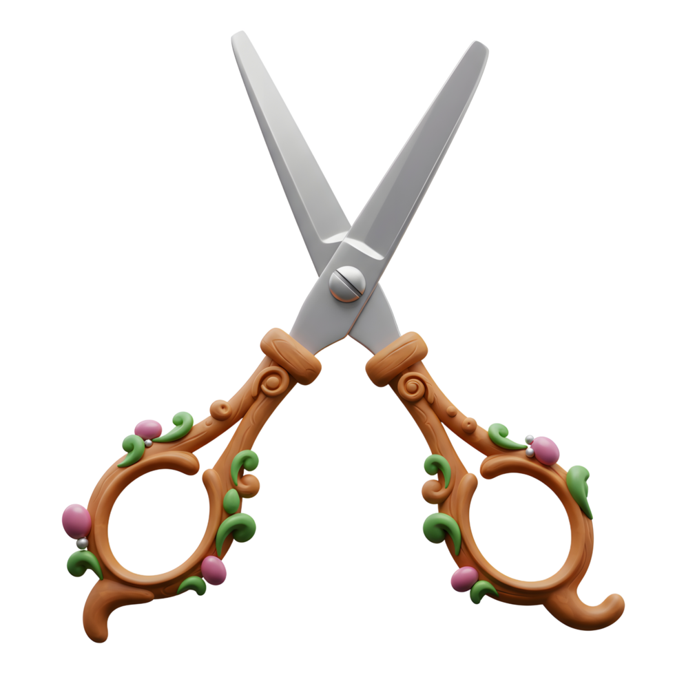 Charming scissors with intricately carved wooden handles adorned with flourishing floral details. A delightful, artistic blend of nature and utility. png