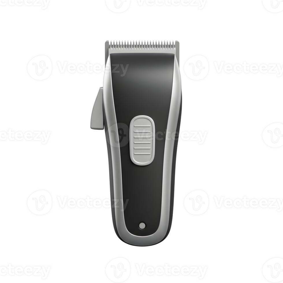 A close-up reveals a modern hair clipper, its sleek black body accented with silver. Clean lines and a simple design create a professional look. png
