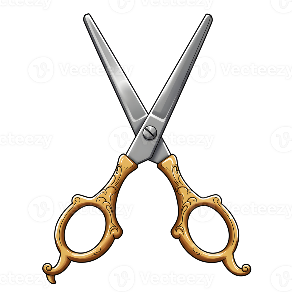 A pair of elegant scissors with ornate gold handles, meticulously illustrated in a vintage style. The sharp blades and detailed handles create a sophisticated feel. png