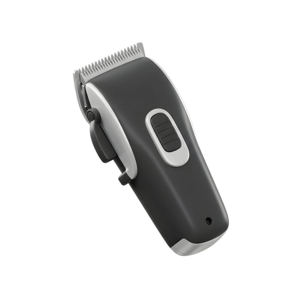 A stylish black hair clipper with silver accents is shown, ready for a clean cut. Its modern design and ergonomic feel promise ease of use. png
