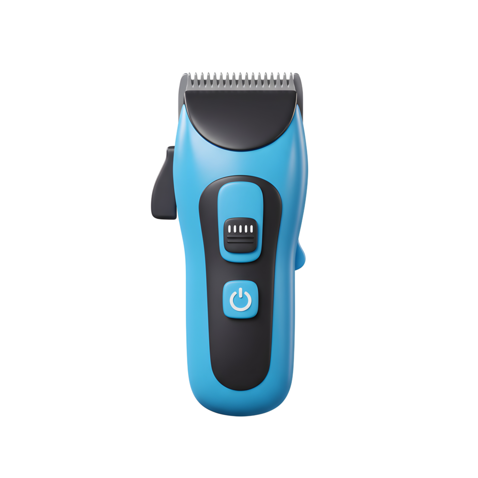 A vibrant blue electric hair clipper stands ready. Its sleek design and easy-to-use controls promise a precise and effortless haircut. png