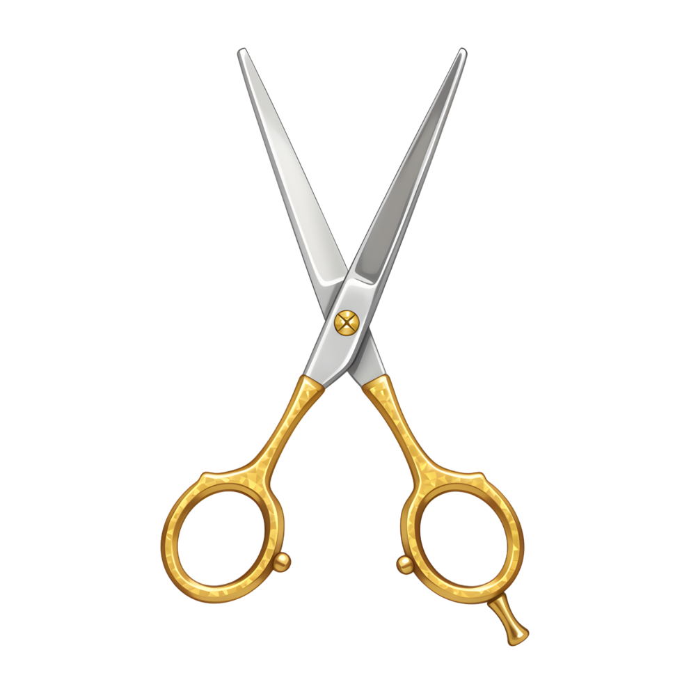 Sharp silver blades meet gleaming gold handles in this elegant scissor illustration. A classic design, meticulously detailed, evokes a sense of precision and style. png