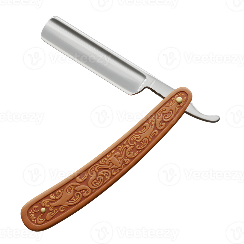 A classic straight razor, beautifully detailed. The warm brown wood handle contrasts with the gleaming steel blade. A touch of vintage charm. png