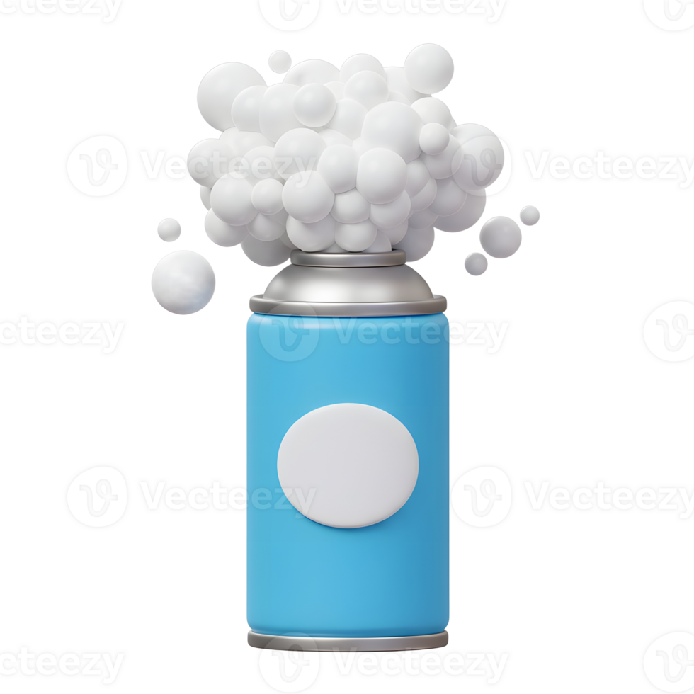 A cheerful 3D rendering shows a light blue aerosol can dispensing a cloud of fluffy white foam. Playful and light, it evokes a sense of fun and cleanliness. png