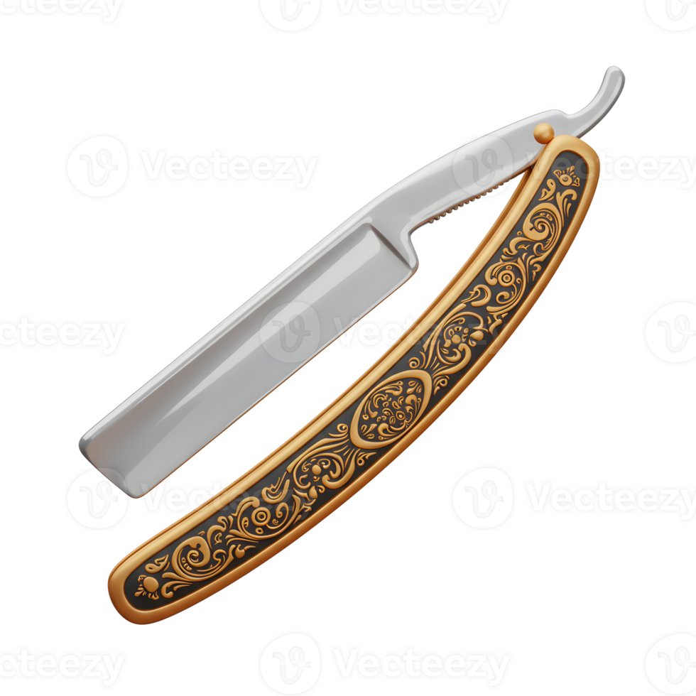 A gleaming straight razor, its elegant gold filigree handle contrasting beautifully with the polished steel blade. A classic, timeless design. png