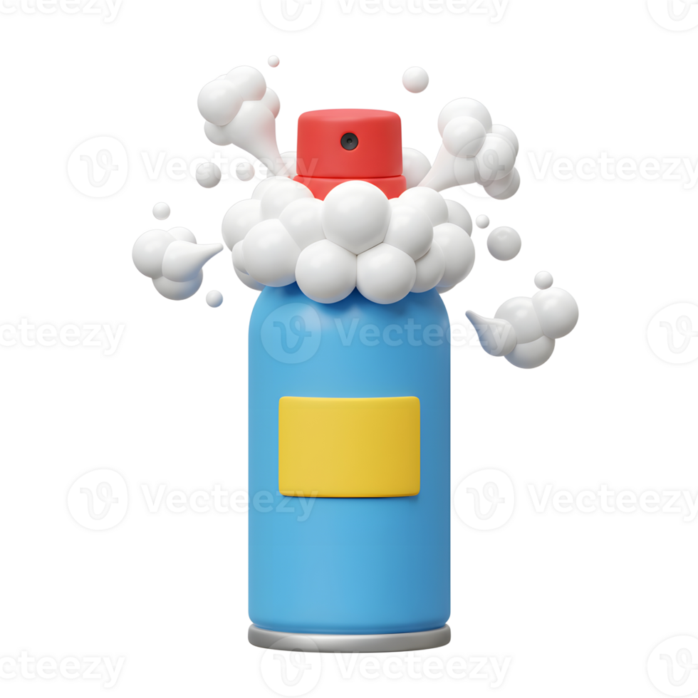 A cheerful 3D rendering shows a light blue aerosol can dispensing fluffy white foam, creating a playful and lighthearted scene. The can's simple design and vibrant colors are eye-catching. png