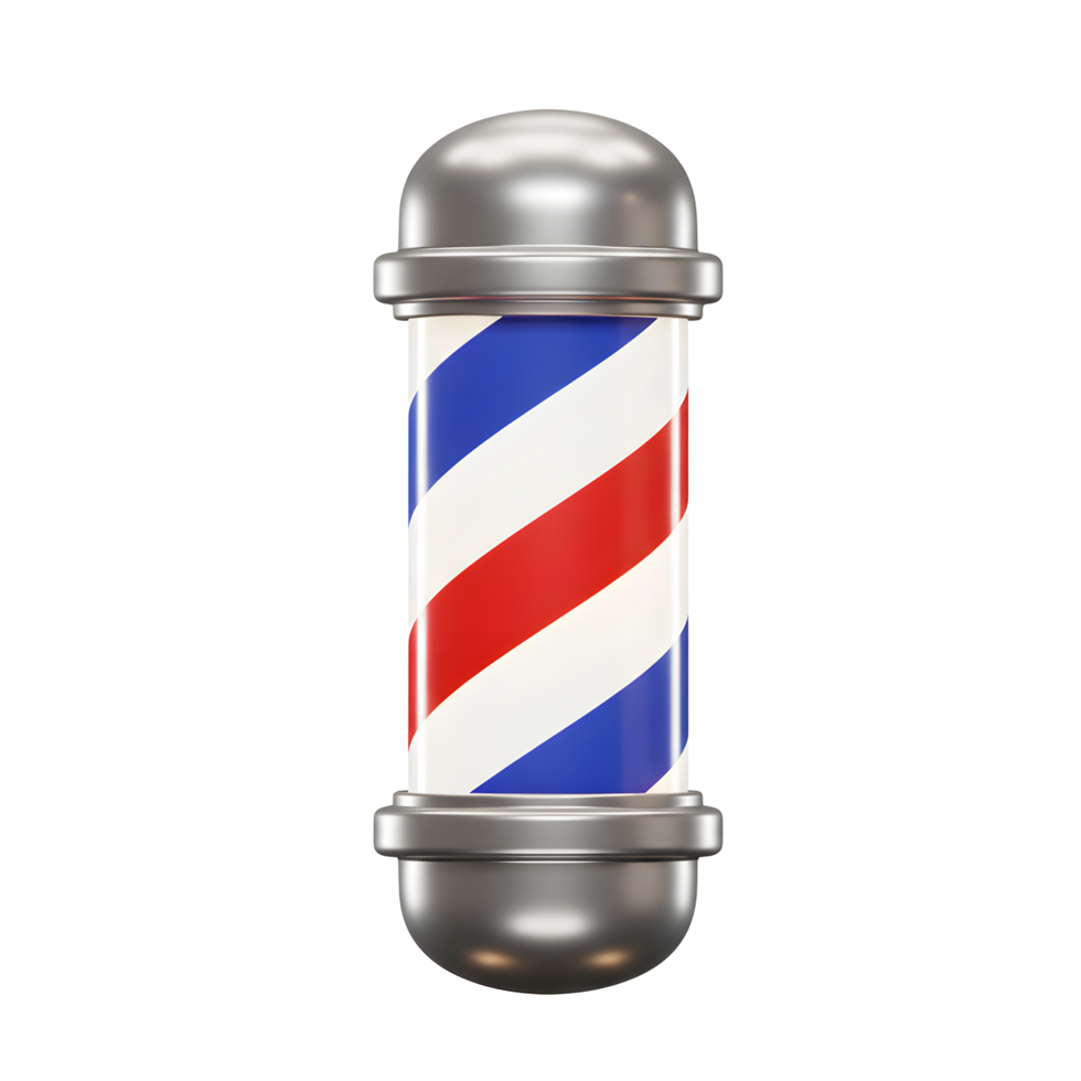 A gleaming chrome barbershop pole stands tall, its iconic red, white, and blue spiral stripes catching the light. A nostalgic and stylish symbol of classic barbering. png