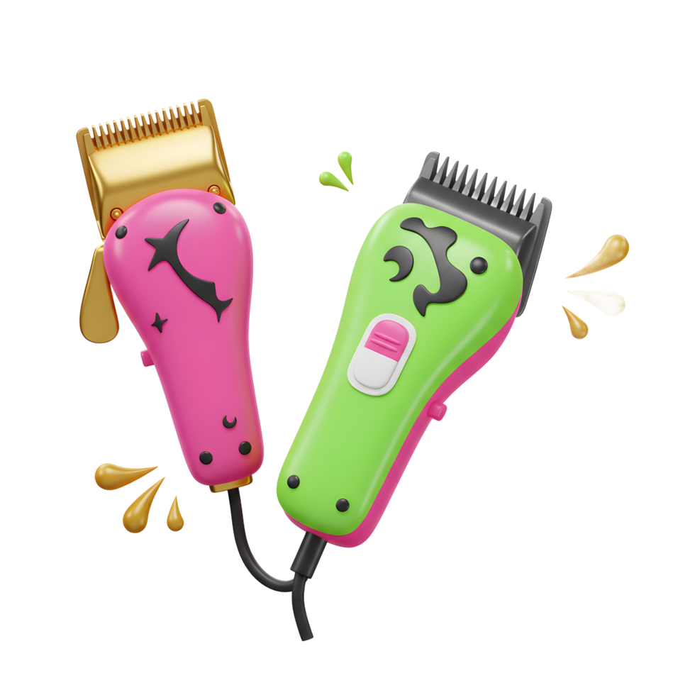 Two vibrant hair clippers, one pink and one green, playfully designed with whimsical patterns. A fun, modern aesthetic for hair care. png