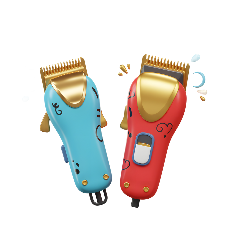 Two cheerful hair clippers, one blue and one red, playfully designed with hand-drawn details, create a fun and vibrant scene. Gold accents add a touch of elegance. png