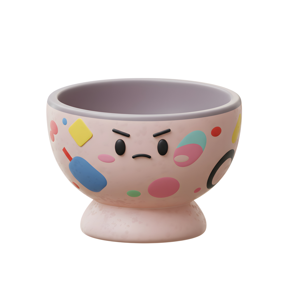 A whimsical pink bowl with a grumpy face, adorned with colorful abstract shapes, sits on a textured base. Its playful yet slightly annoyed expression creates a charmingly quirky mood. png