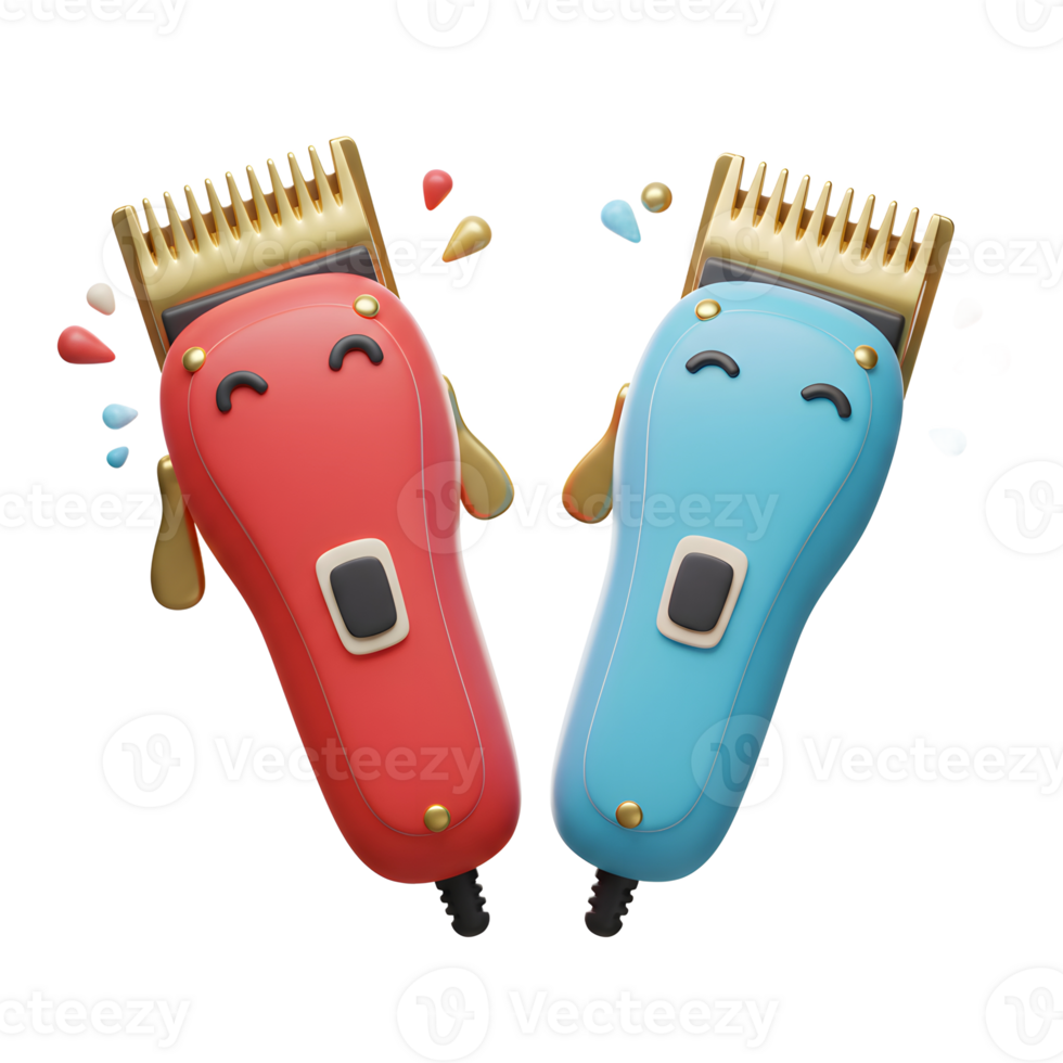 Two happy hair clippers, one red and one blue, playfully exclaim with surprised expressions against a white background. A fun and vibrant image png