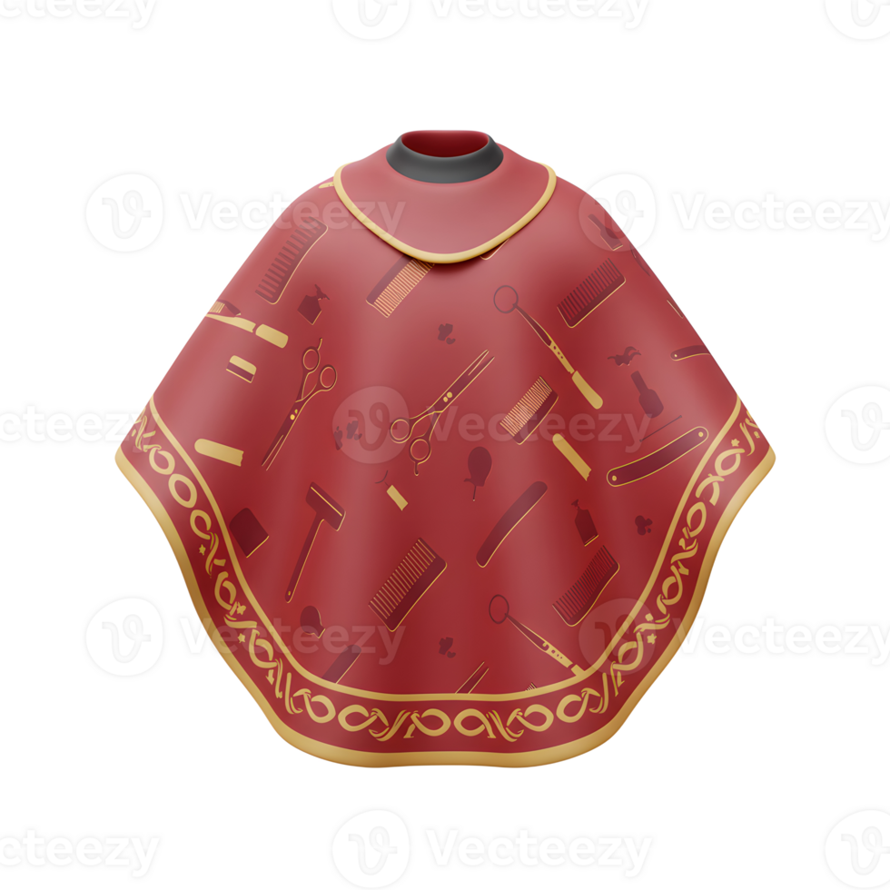 A stylish barber's cape in rich red, adorned with classic barber tools. Elegant gold trim completes the look. Perfect for professional use png