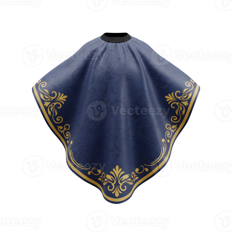 A luxurious navy blue barber cape, adorned with intricate golden floral detailing. The soft drape and elegant design create a sophisticated atmosphere. png
