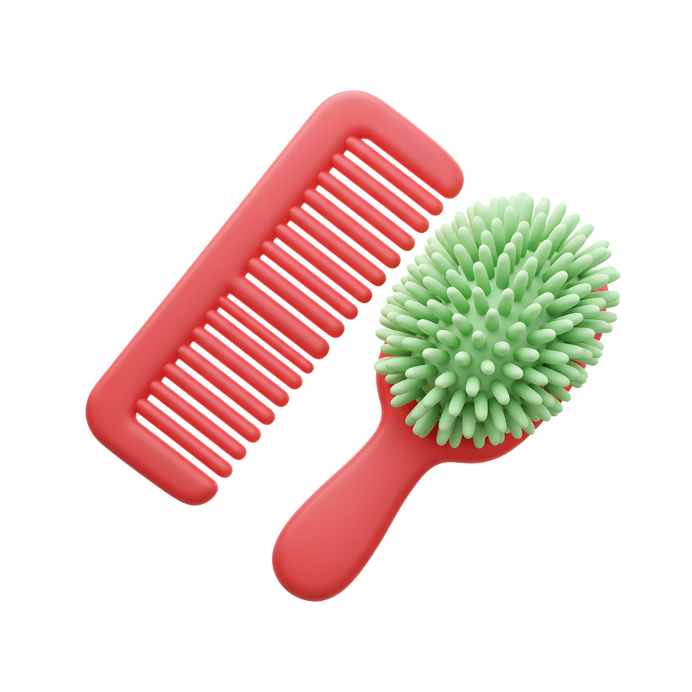 A cheerful coral comb and a uniquely textured, mint green brush playfully arranged. The vibrant colors and unique brush design create a fun, modern feel. png