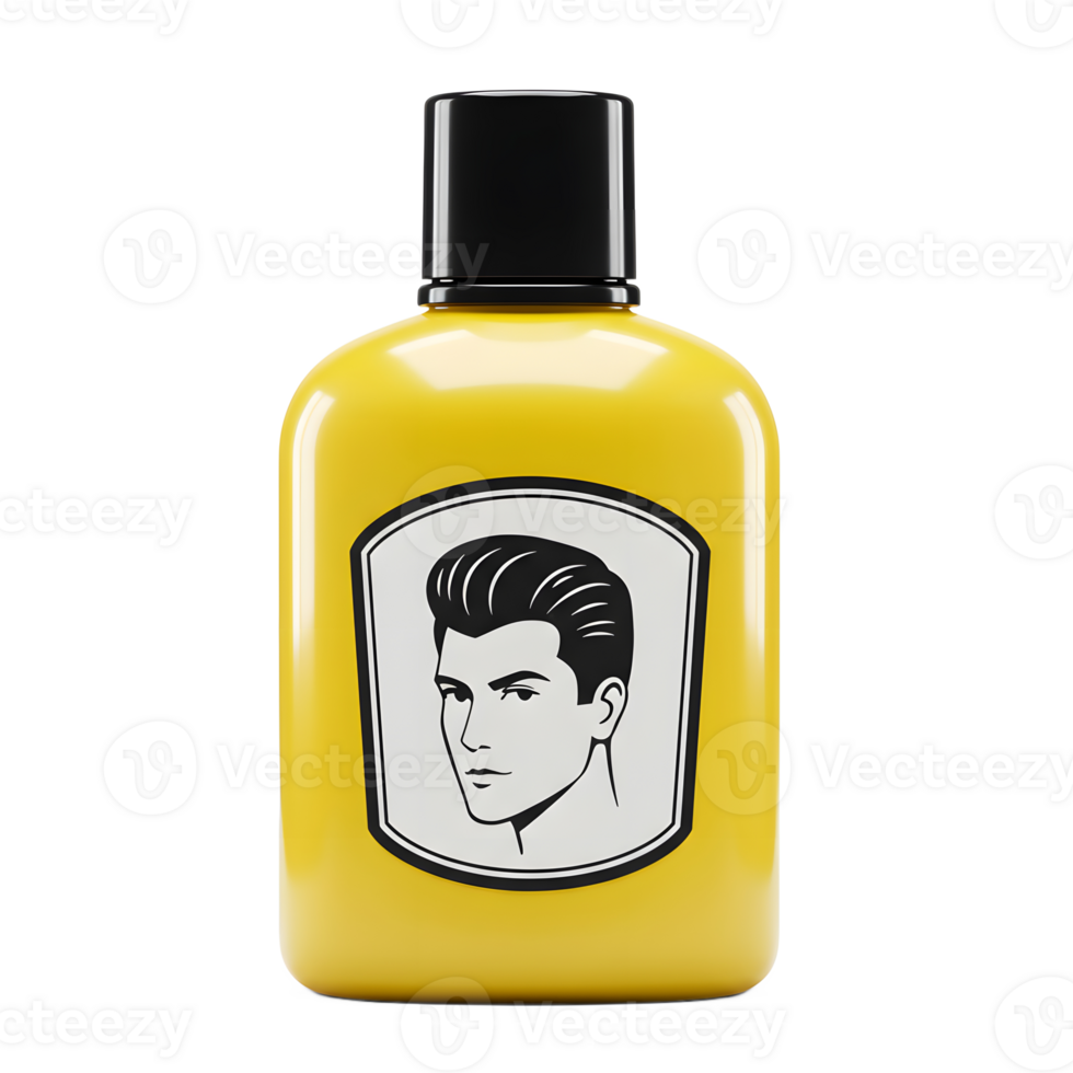 A sleek yellow bottle featuring a classic man's hairstyle design. Perfect for a vintage barbershop vibe. Adds a touch of retro style to grooming. png