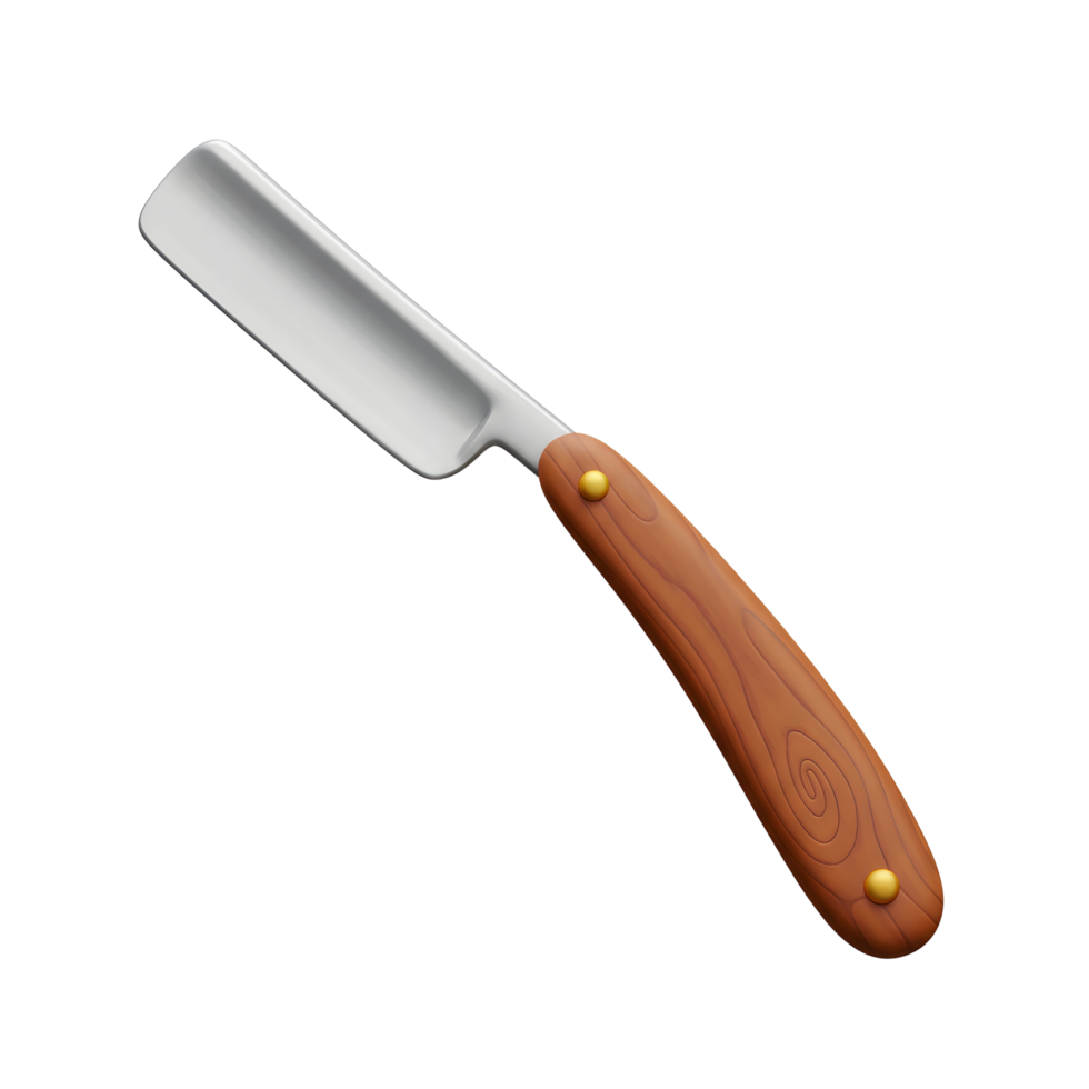 A gleaming straight razor, its sharp steel blade juxtaposed with a warm, richly grained wooden handle. Classic, elegant, and timeless. png