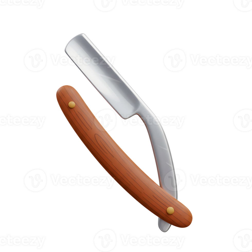 A classic straight razor gleams, its polished steel blade contrasting beautifully with the warm tones of its rich wooden handle. A timeless design. png