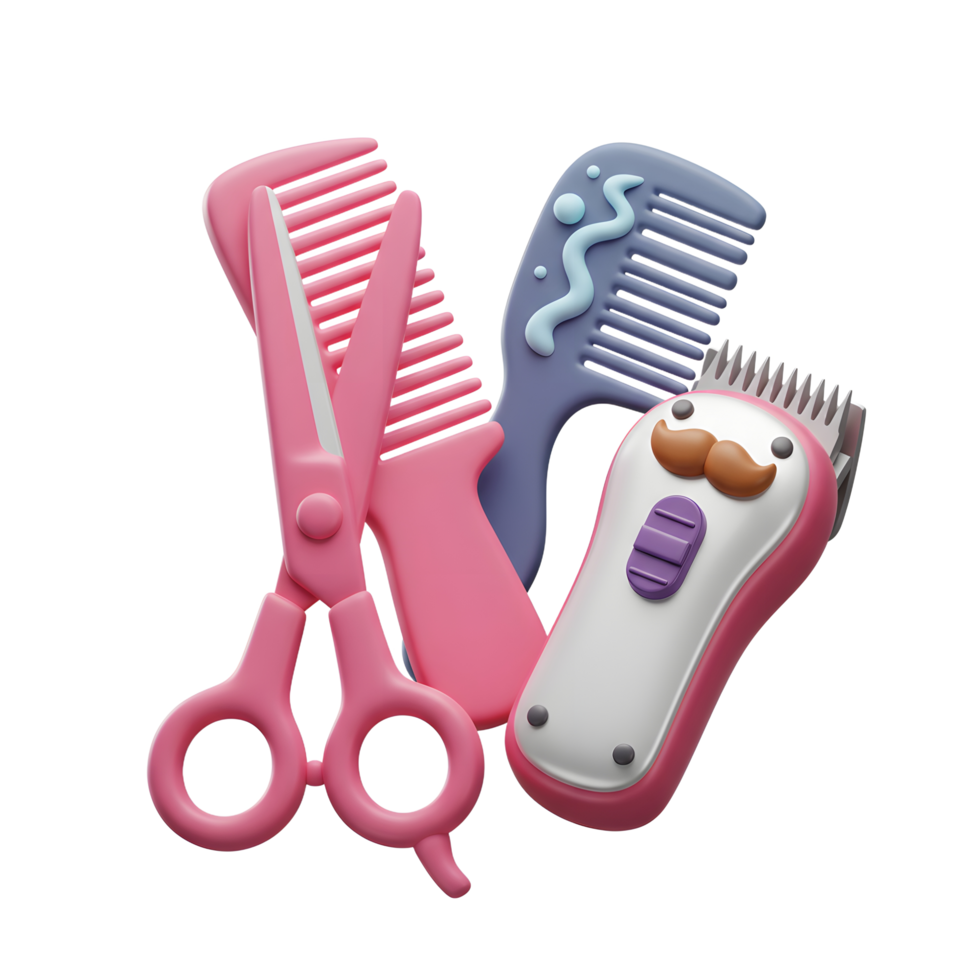 Adorable cartoon hairdressing tools Pink combs, scissors, and a cute trimmer with a mustache. Fun, playful, and perfect for kids png