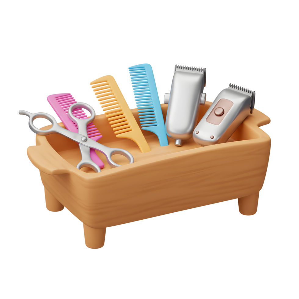 A cheerful 3D rendering of colorful combs, scissors, and clippers neatly arranged in a rustic wooden tray. Bright and inviting png