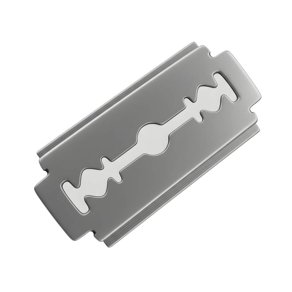 A single, sharp razor blade, gleaming metallic grey, rests against a clean white background. Its intricate details are highlighted, creating a stark, industrial mood. png