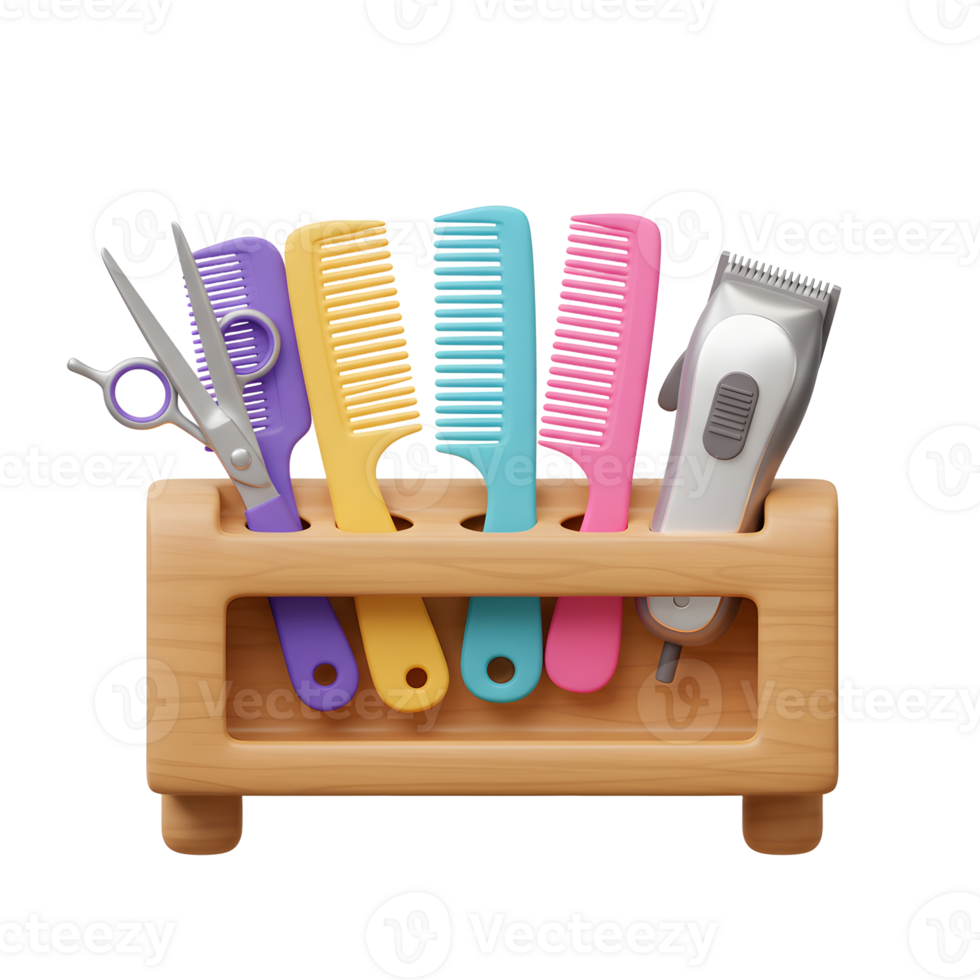 A cheerful collection of colorful combs, sharp scissors, and a sleek hair clipper rests neatly in a charming wooden holder. Perfect for a fun, vibrant hair salon png