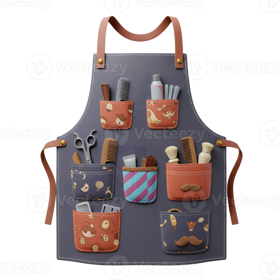 A charming illustration of a barber's apron, showcasing neatly organized tools and stylish pockets. The whimsical design creates a warm and inviting atmosphere. png