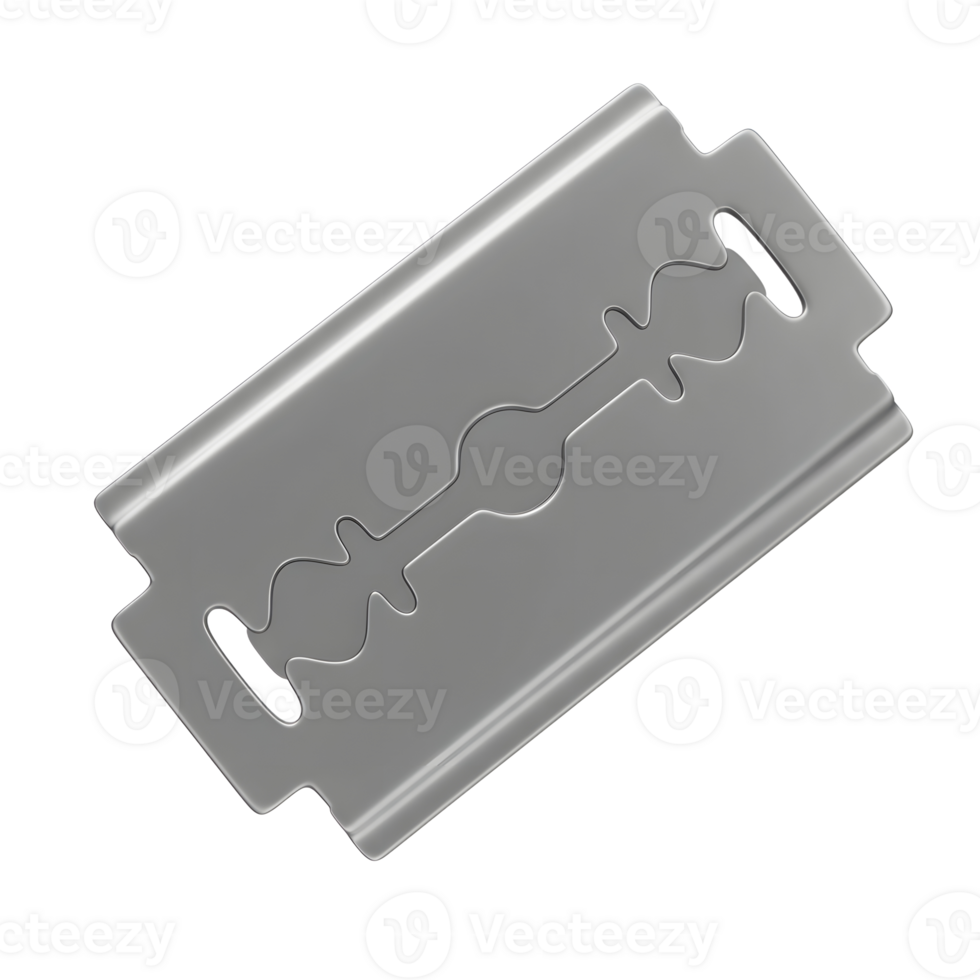 A single, sharp double-edged razor blade, gleaming metallic gray against a stark white backdrop. Its minimalist design is striking. png