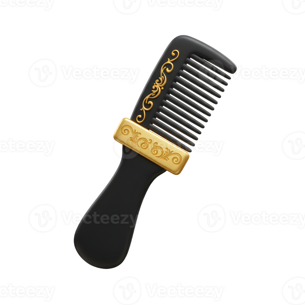 A sophisticated black comb, adorned with a gold, ornate detail, rests against a white backdrop. Its sleek design conveys timeless elegance. png