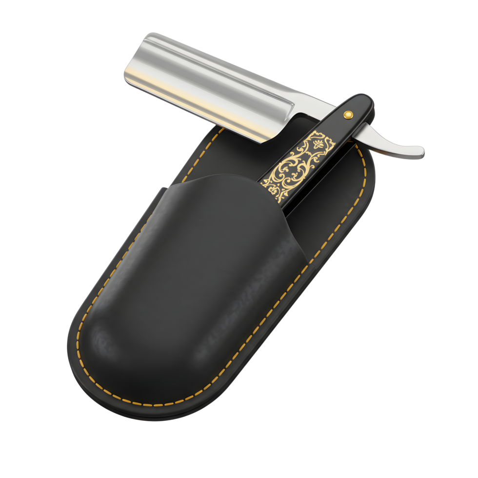A gleaming straight razor, elegantly engraved, rests snugly in its black leather sheath. The gold detailing adds a touch of vintage luxury. png