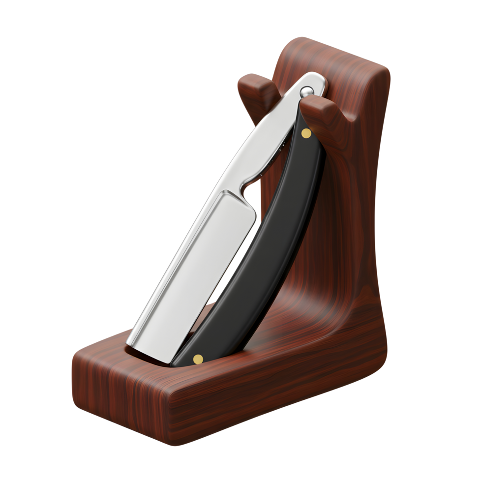 A gleaming straight razor rests elegantly in its rich, dark wood stand. The polished blade and contrasting handle create a sophisticated and timeless aesthetic. png