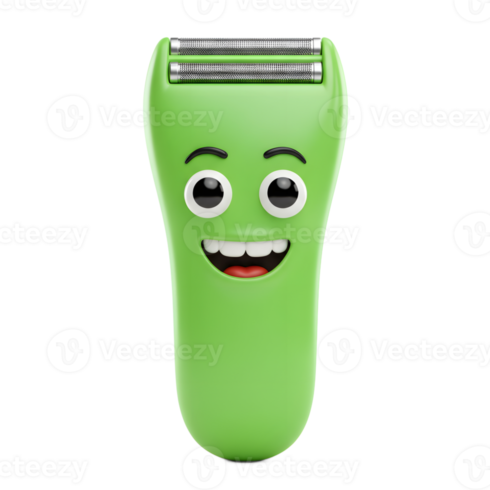 A cheerful green electric shaver smiles broadly, its cartoon eyes wide with joy. A fun, bright image png