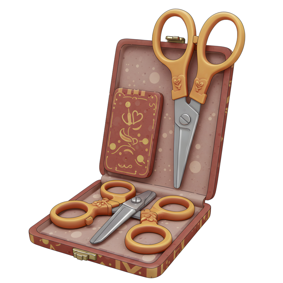 A quaint, illustrated set of scissors rests in its ornate case. The warm colors and delicate details create a charming, nostalgic feel. png