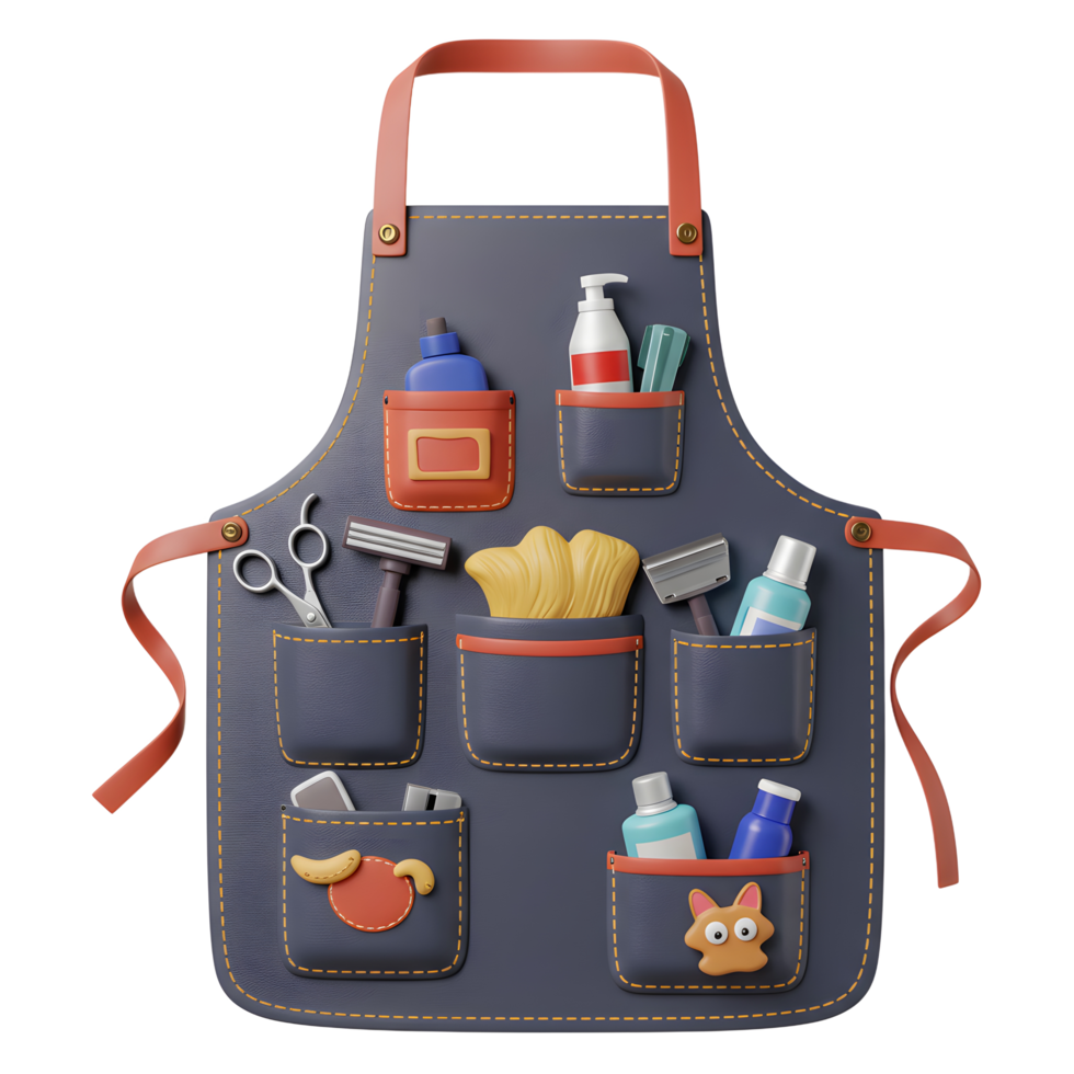 A charming 3D-rendered image showcases a dark-blue apron brimming with pet grooming essentials. Organized pockets hold scissors, razors, shampoos, and more, creating a cheerful and functional scene. png