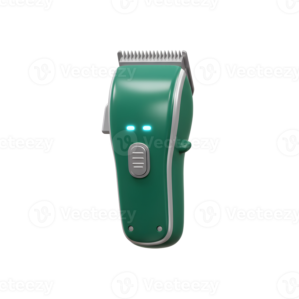 A vibrant green electric hair clipper stands ready. Its sleek, modern design features subtle silver accents and glowing blue power indicators. Clean lines and a minimalist aesthetic. png
