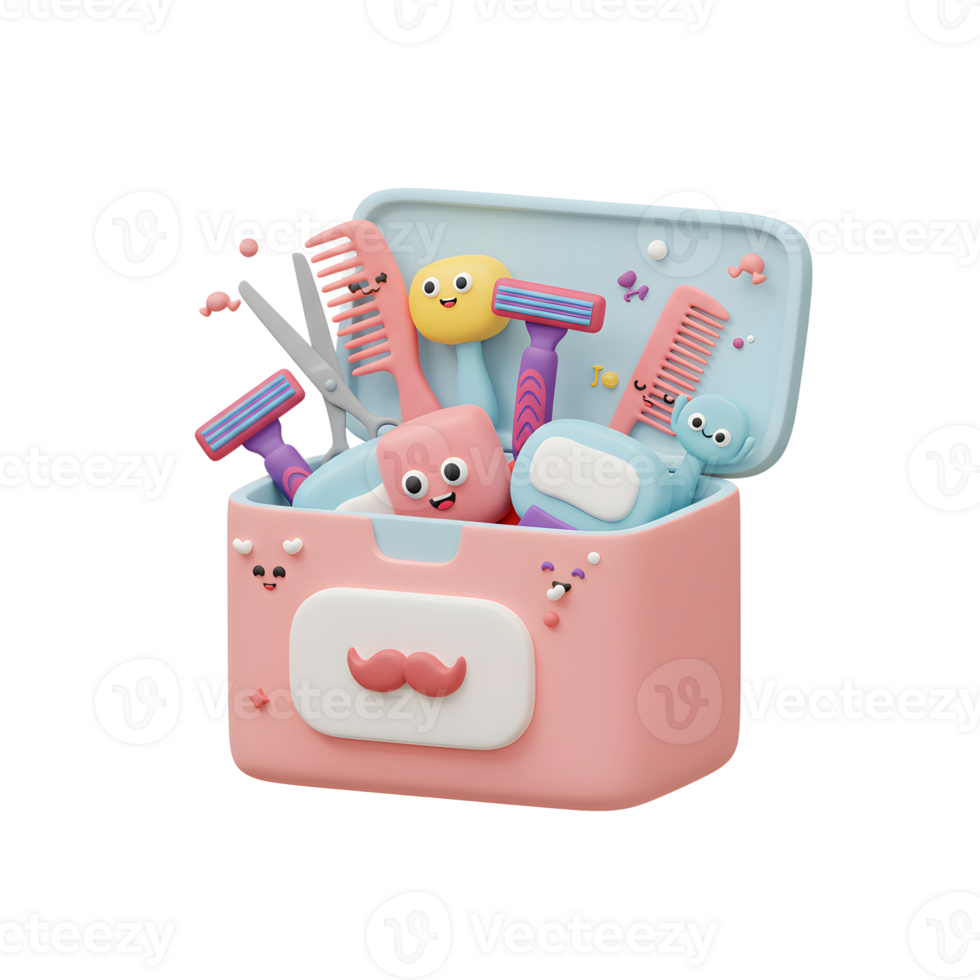 A pink box overflows with cute, cartoon grooming tools razors, combs, and scissors all smiling It's cheerful and fun, perfect for a bathroom. png